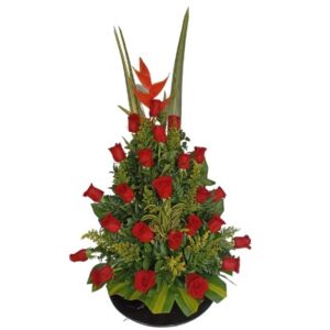1 heliconia y 24 rosas rojas